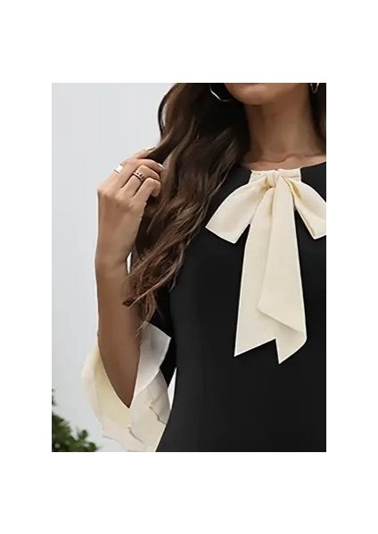 Kadın Truvakar Kollu Fiyonk Yakalı Midi Ithal Krep Elbise modelleri