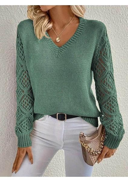 Yaman Market Kadın Uzun Kollu V Yaka Kol Delikli Baklava Desen Detaylı Triko Kazak modelleri