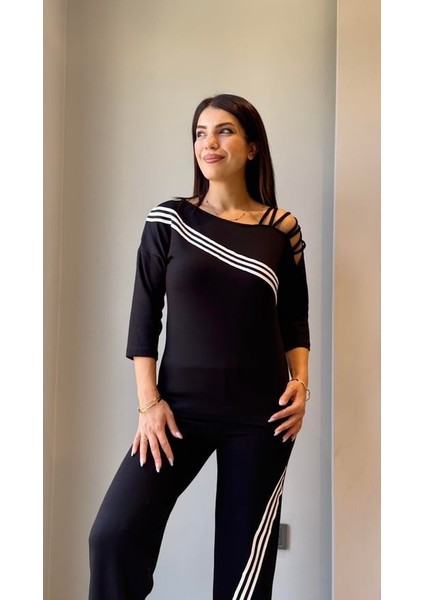 Yaman Market Kadın Uzun Kollu Truvakar Kol Tek Omuz Çapraz Şerit Detaylı Ribanalı Viskon Iki Iplik Bluz ve Pantolon Ikili Takım fiyatları