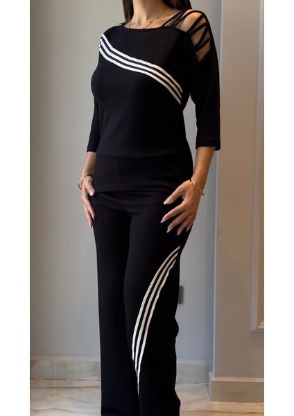 Yaman Market Kadın Uzun Kollu Truvakar Kol Tek Omuz Çapraz Şerit Detaylı Ribanalı Viskon Iki Iplik Bluz ve Pantolon Ikili Takım modelleri