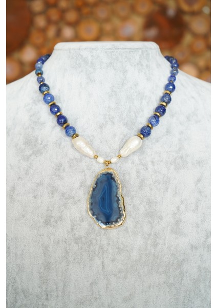 Mavi Akik ve Barok Incili Faset Kesim Kolye