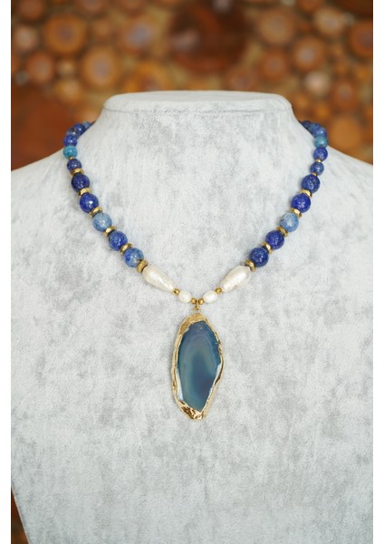 Mavi Akik ve Barok Incili Faset Kesim Kolye fiyatları