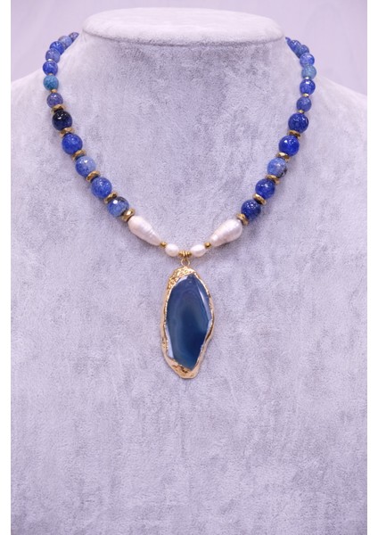 Mavi Akik ve Barok Incili Faset Kesim Kolye modelleri