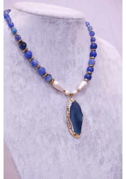 Mavi Akik ve Barok Incili Faset Kesim Kolye fırsatları