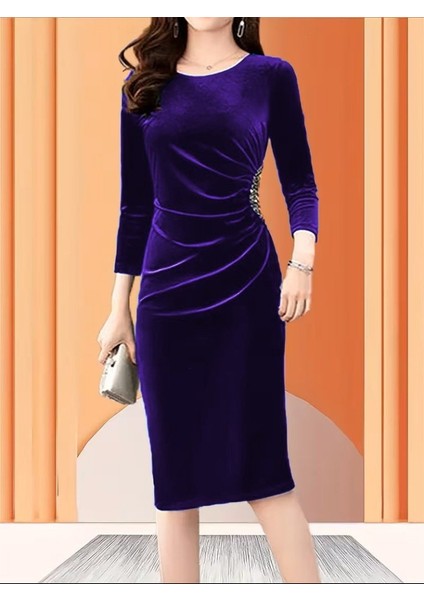 Kadın Uzun Kollu Bot Yaka Yanı Taş Detaylı Midi Kadife Elbise modelleri