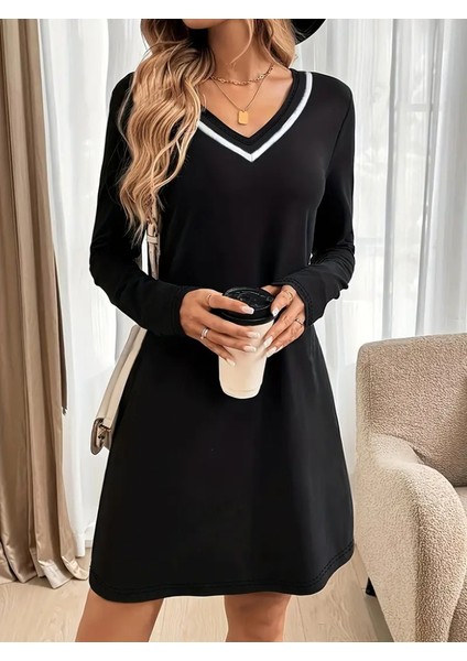 Kadın Uzun Kollu V Şerit Yakalı Kısa Viskon Iki Iplik Elbise modelleri