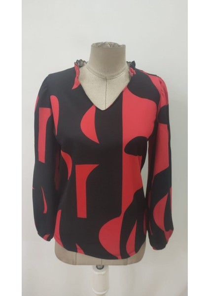 Yaman Market Kadın Uzun Kollu V Yakalı Desenli Modal Bluz