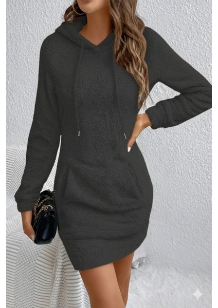 Yaman Market Kadın Uzun Kollu Kapşonlu Cepli Mini Peluş Elbise fiyatları