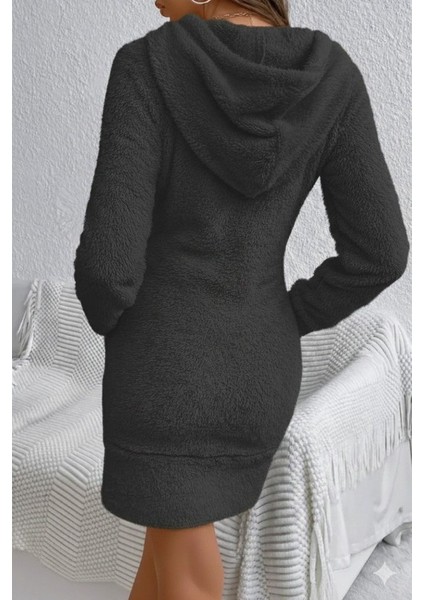 Yaman Market Kadın Uzun Kollu Kapşonlu Cepli Mini Peluş Elbise modelleri