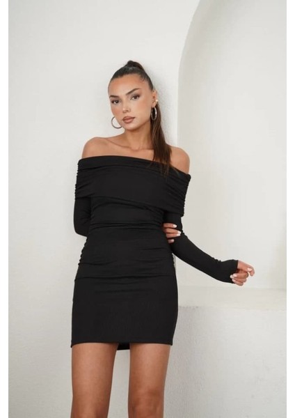 Kadın Madonna Mendil Yaka Fırsat Ürün Büzgülü Mini Elbise
