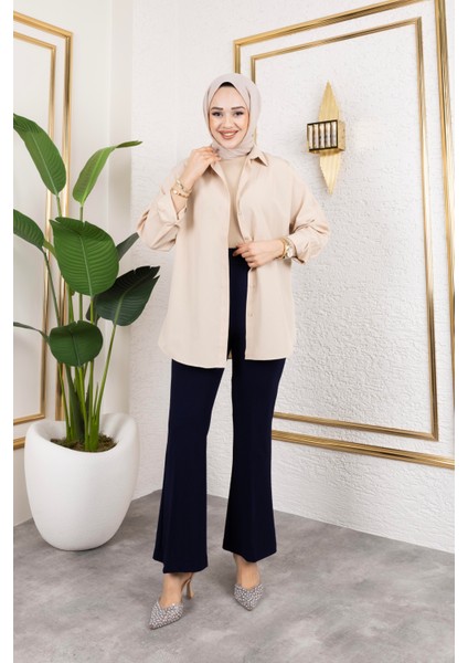 Likralı Krep Kumaş Ispanyol Paça Pantolon-Lacivert