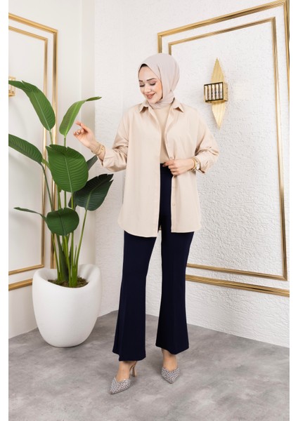 Likralı Krep Kumaş Ispanyol Paça Pantolon-Lacivert fiyatları