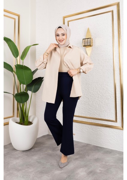 Likralı Krep Kumaş Ispanyol Paça Pantolon-Lacivert modelleri