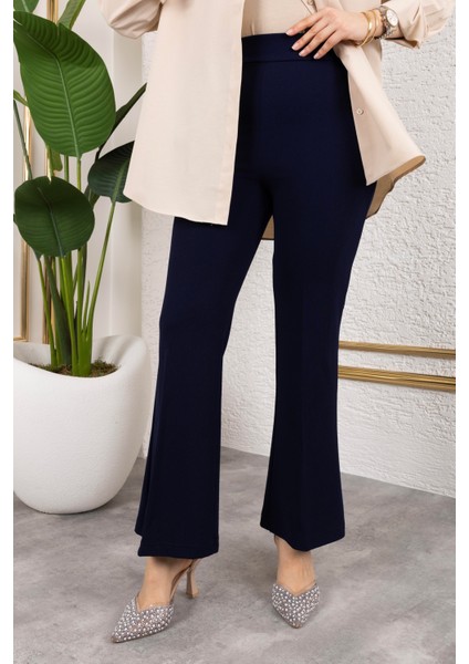 Likralı Krep Kumaş Ispanyol Paça Pantolon-Lacivert fırsatları