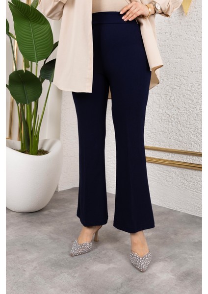 Likralı Krep Kumaş Ispanyol Paça Pantolon-Lacivert indirimleri