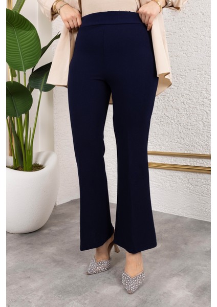 Likralı Krep Kumaş Ispanyol Paça Pantolon-Lacivert
