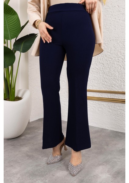 Likralı Krep Kumaş Ispanyol Paça Pantolon-Lacivert