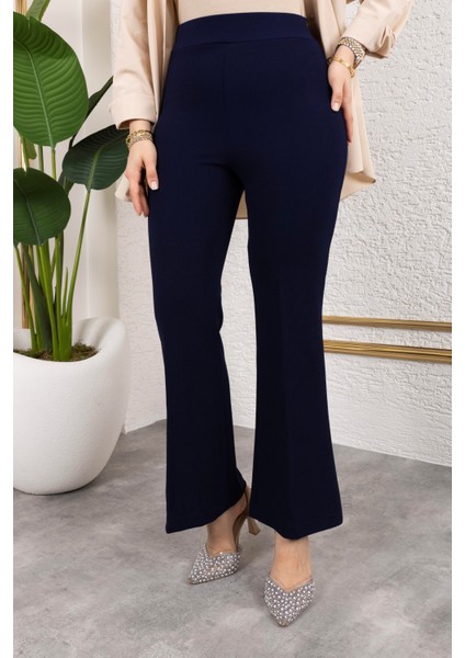 Likralı Krep Kumaş Ispanyol Paça Pantolon-Lacivert