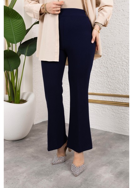 Likralı Krep Kumaş Ispanyol Paça Pantolon-Lacivert