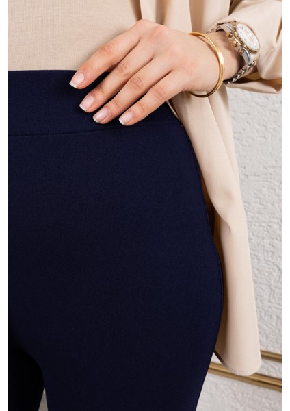 Likralı Krep Kumaş Ispanyol Paça Pantolon-Lacivert