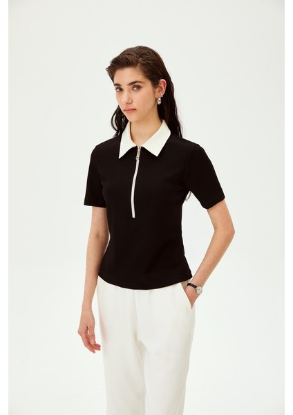 Polo Yaka Fermuarlı Pamuklu Regular Örme Tişört