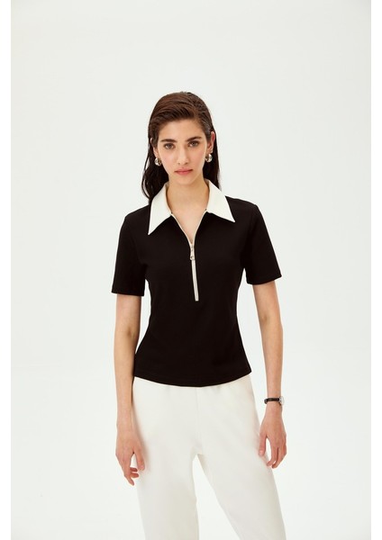 Polo Yaka Fermuarlı Pamuklu Regular Örme Tişört fırsatları