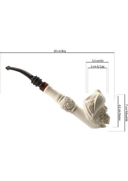 El Oyması Lületaşı Korsan Figürlü Uzun Pipo – Kuru Kafa Kabartmalı, Akrilik Ağızlıklı Meerschaum