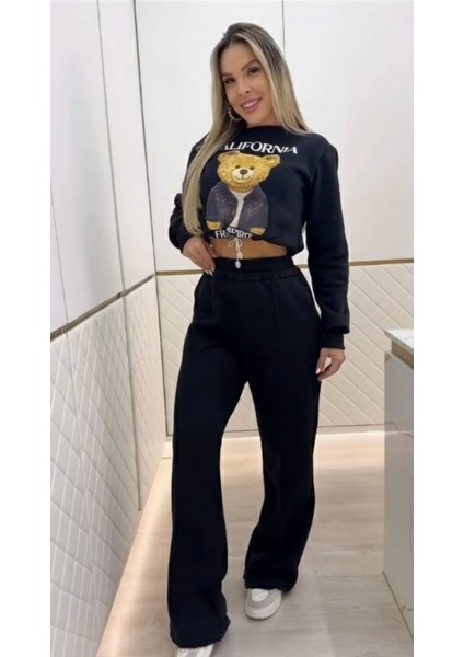 Yaman Market Kadın Uzun Kollu Bisiklet Yaka Desenli Iki Iplik Şardonlu Bluz ve Pantolon Ikili Takım