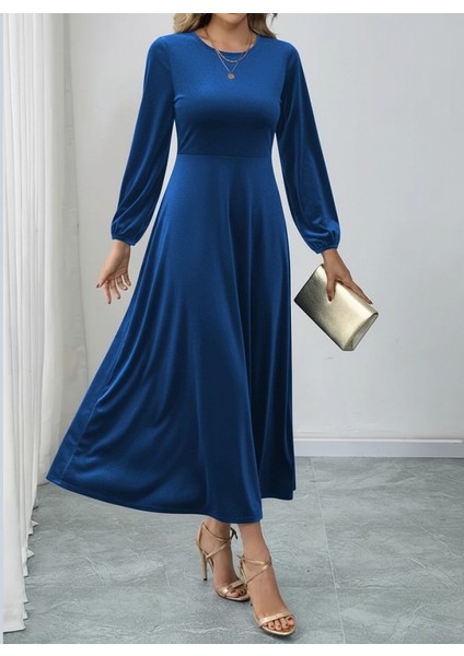Yaman Market Kadın Uzun Kollu Bisiklet Yaka Midi Kadife Mavi Elbise modelleri