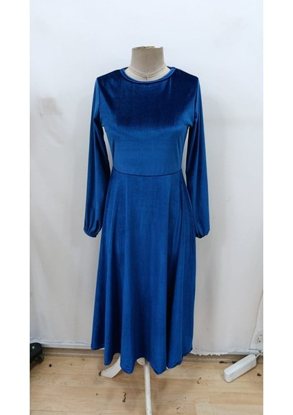 Yaman Market Kadın Uzun Kollu Bisiklet Yaka Midi Kadife Mavi Elbise fırsatları