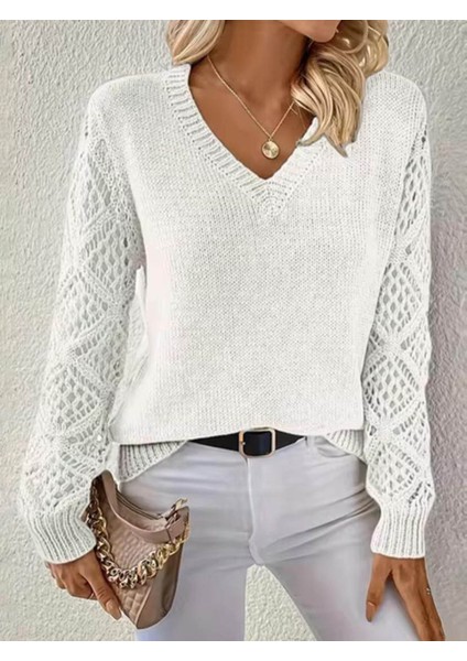 Yaman Market Kadın Uzun Kollu V Yaka Kol Delikli Baklava Desen Detaylı Triko Kazak