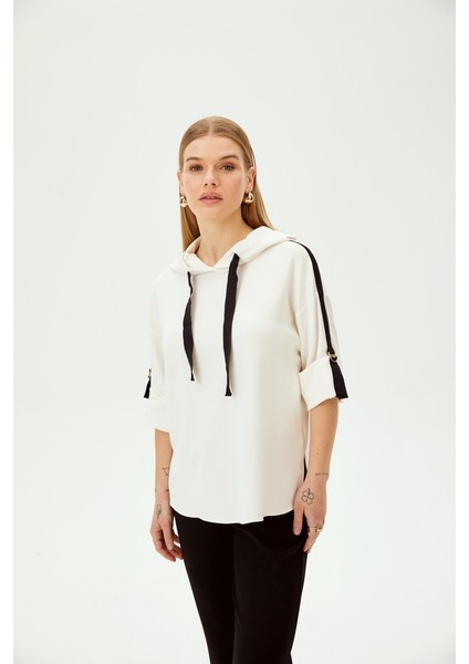 Grogren Detaylı Kapüşonlu Truvakar Kol Örme Sweatshirt fiyatları