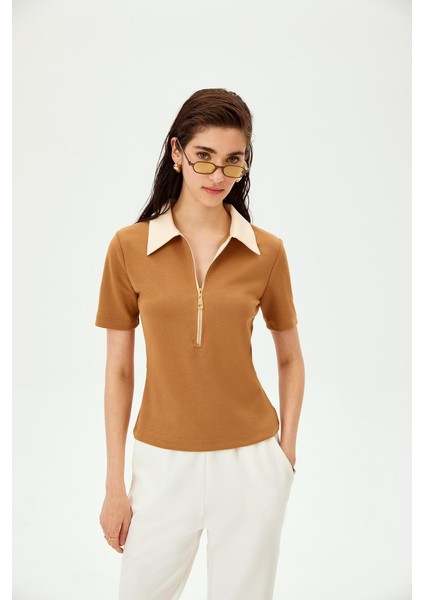 Polo Yaka Fermuarlı Pamuklu Regular Örme Tişört