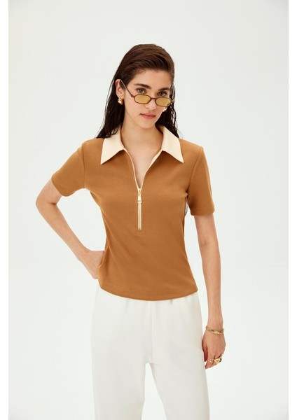 Polo Yaka Fermuarlı Pamuklu Regular Örme Tişört modelleri