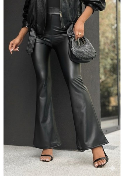 Yaman Market Kadın Yüksek Bel Ispanyol Paçalı Deri Pantolon