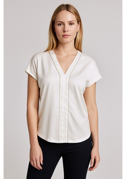 V Yaka Kısa Kollu Regular Örme Tişört