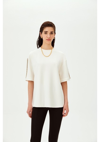 Inci Işlemeli Düşük Kol Regular Örme Tişört fiyatları