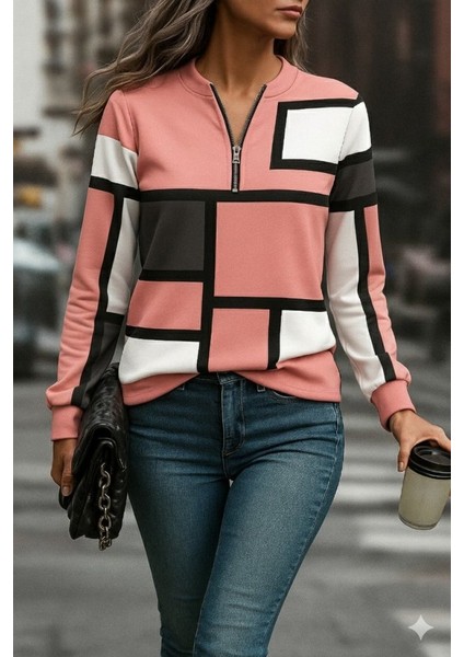 Yaman Market Kadın Uzun Kollu Yakadan Fermuarlı Desenli Şardonlu Dalgıç Bluz