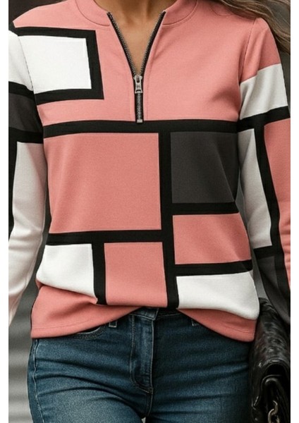 Yaman Market Kadın Uzun Kollu Yakadan Fermuarlı Desenli Şardonlu Dalgıç Bluz fiyatları