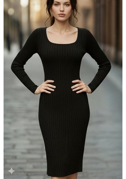 Yaman Market Kadın Uzun Kollu Kare Yakalı Midi Şardonlu Kaşkorse Elbise modelleri