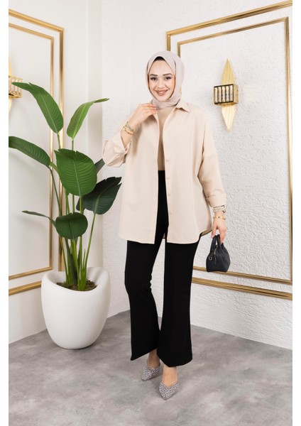 Likralı Krep Kumaş Ispanyol Paça Pantolon-Siyah