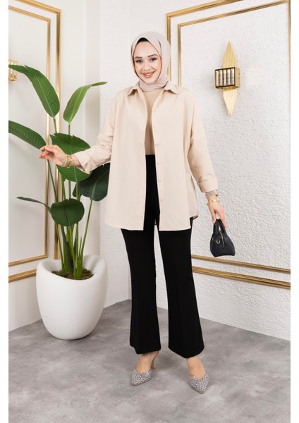 Likralı Krep Kumaş Ispanyol Paça Pantolon-Siyah modelleri