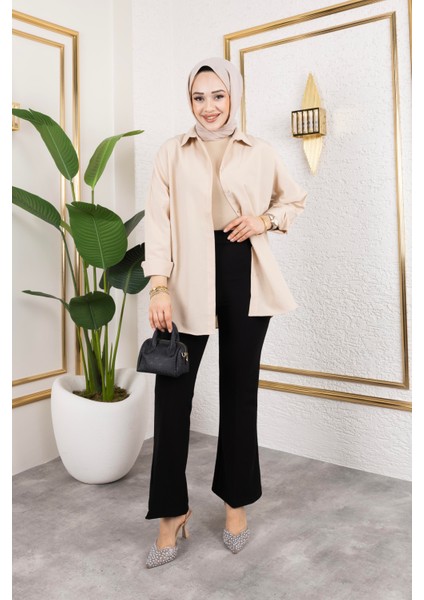 Likralı Krep Kumaş Ispanyol Paça Pantolon-Siyah fırsatları