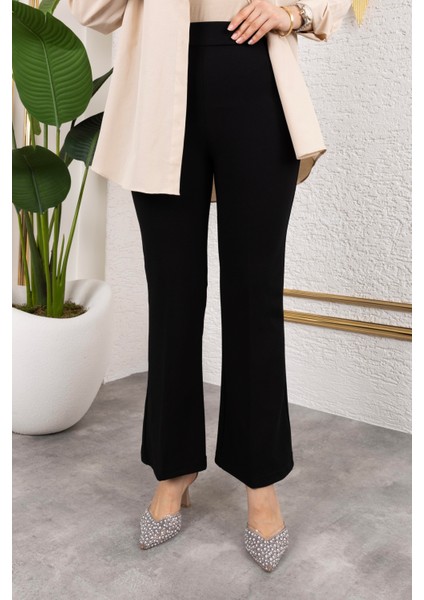 Likralı Krep Kumaş Ispanyol Paça Pantolon-Siyah indirimleri