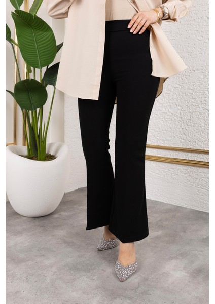 Likralı Krep Kumaş Ispanyol Paça Pantolon-Siyah