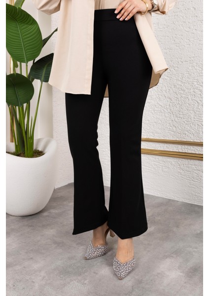 Likralı Krep Kumaş Ispanyol Paça Pantolon-Siyah