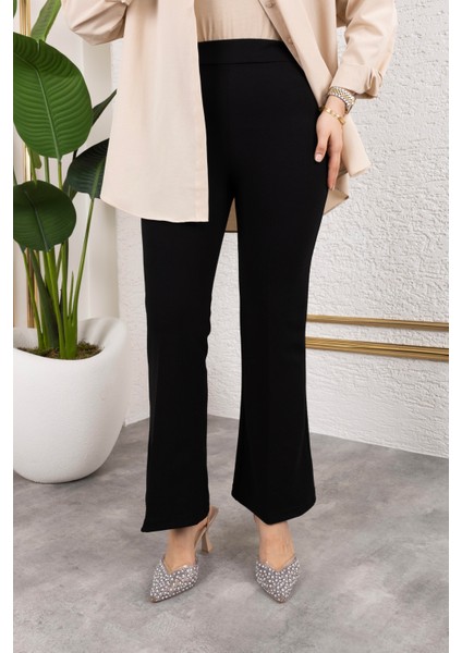 Likralı Krep Kumaş Ispanyol Paça Pantolon-Siyah