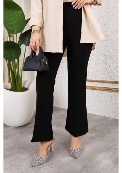 Likralı Krep Kumaş Ispanyol Paça Pantolon-Siyah