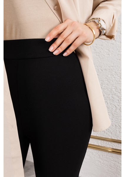 Likralı Krep Kumaş Ispanyol Paça Pantolon-Siyah