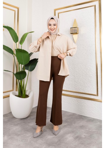 Likralı Krep Kumaş Ispanyol Paça Pantolon-Kahverengi